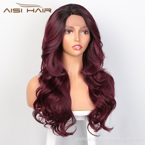 Aisi Hair New Design Long Wavy Ombre Red Wig Body Wave Swiss Lace Wig Cosplay Synthetic Lace Frontal Hair Wigs For Black Women